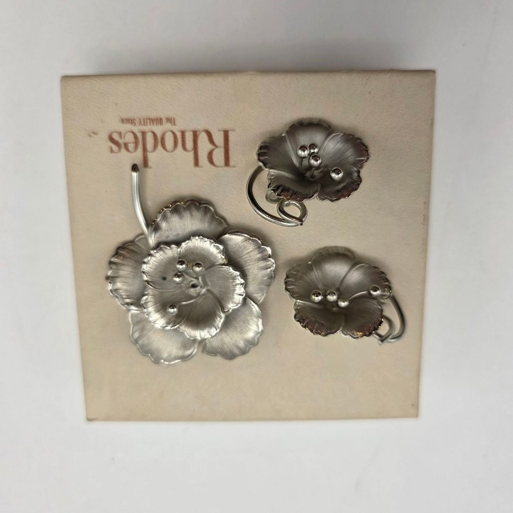 Vintage Rhodes Silver-Tone Floral Brooch and Earring Set